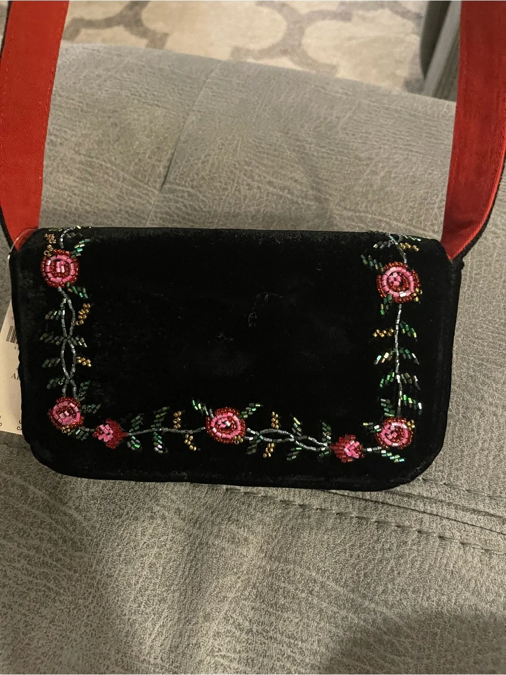 Anthropologie Limited Edition Black Velvet Floral Beaded Shoulder Bag NWT